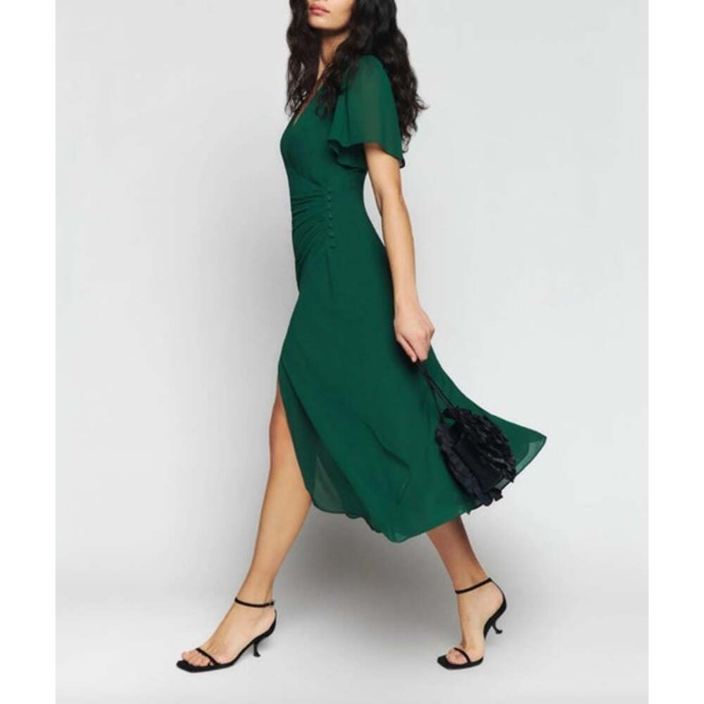 REFORMATION Dress Size XS / S Maxi Emerald Green Buttons Breanna V Neck - Picture 7 of 7